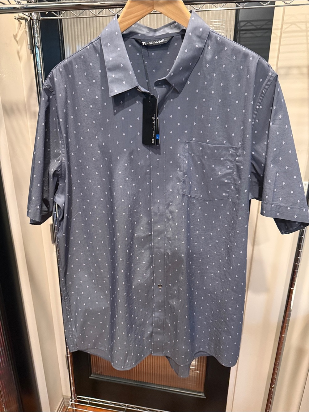 TravisMathew Better Not Short Sleeve Button Up Shirt Blue Diamond Print XL NWT